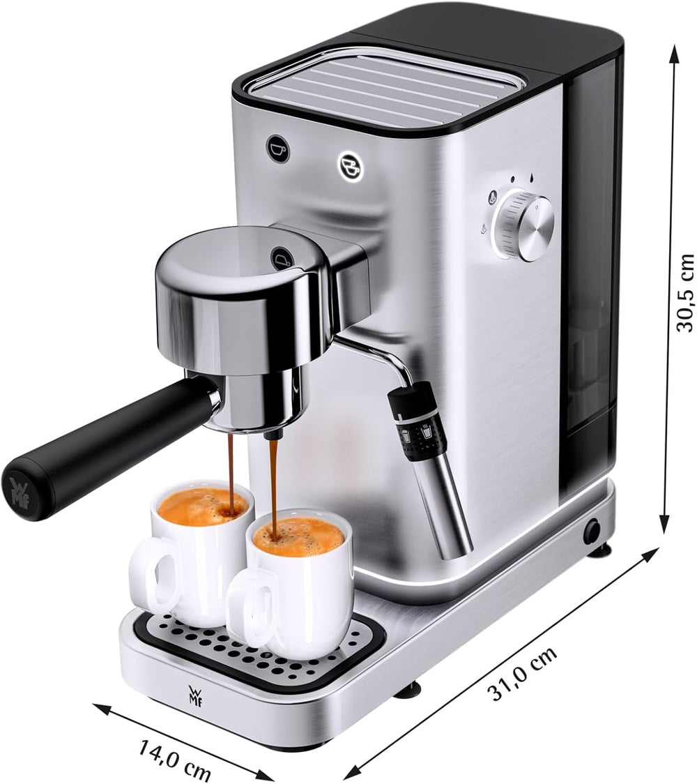 Machine à expresso WMF Lumero, porte-filtre, 1400 watts, porte-filtre, 3 inserts, pour 1-2 tasses à expresso, y compris pour capsules, 15 bars, porte-gobelet, mousseur à lait, acier inoxydable mat