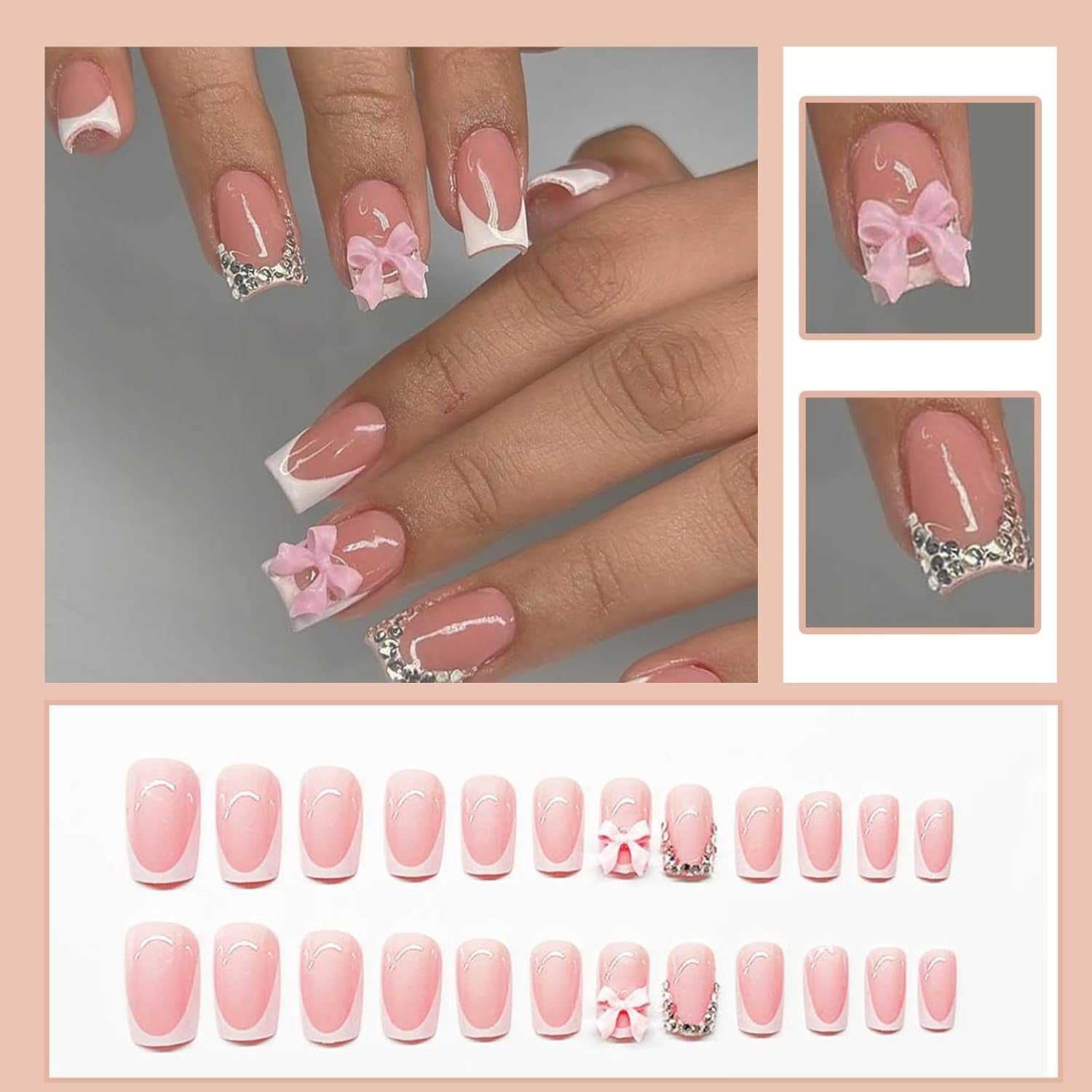 24 pcs Rose Diamant Arc Français Manucure Comprimés Ongles Carrés Strass Motif Nude Rose Ongles Artificiels Couverture Complète Colle Manucure