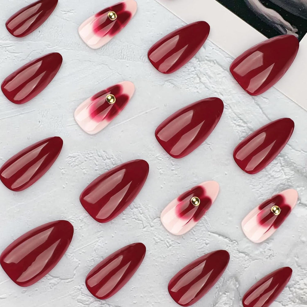 24 fleurs bordeaux avec armure de diamant, presse sur ongles, colle sur ongles artificiels, ensemble de pointes d’ongles