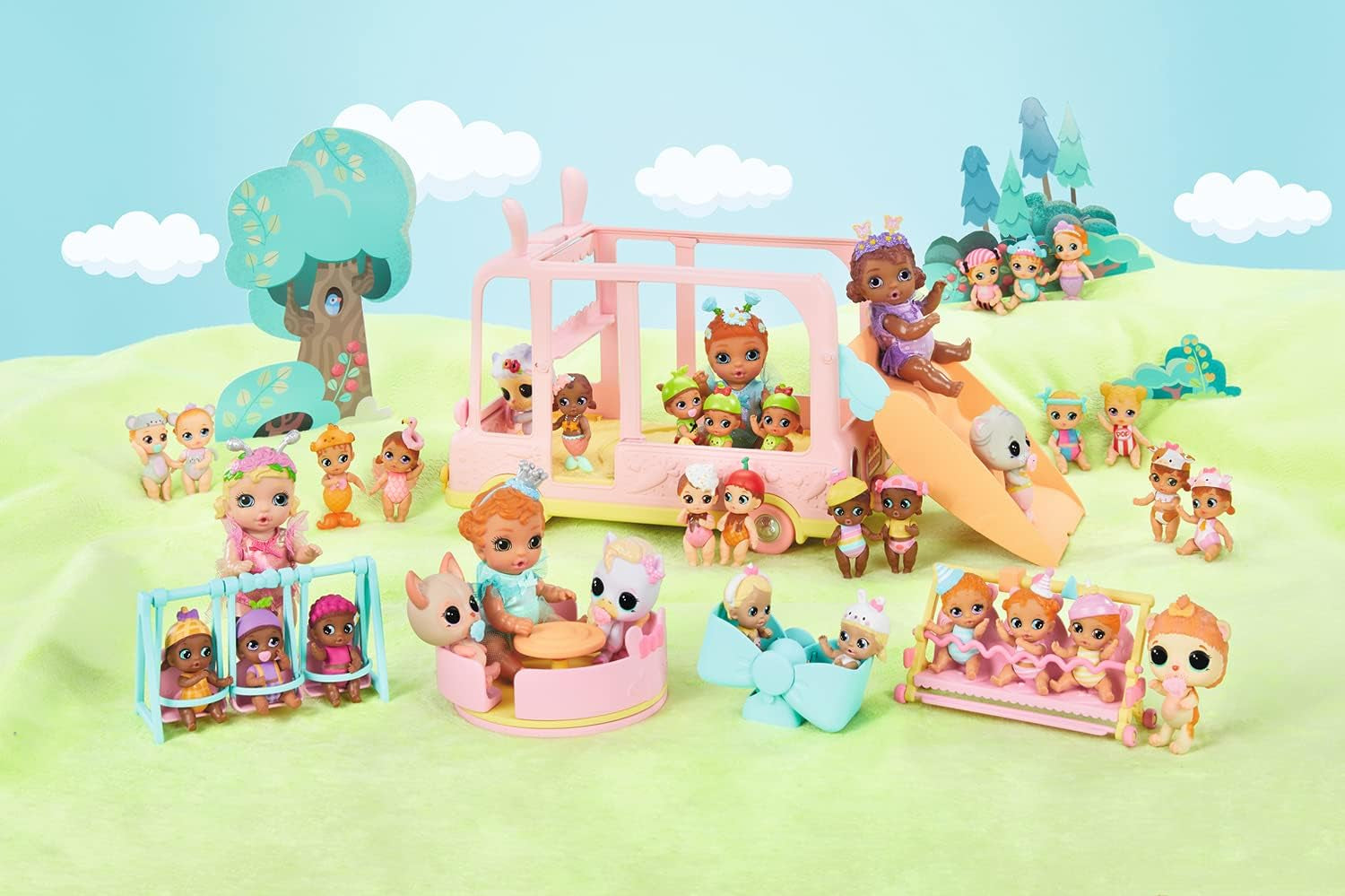 BABY born 904763 Baby Surprise Bus - mini bus jouet pour poupée rose avec 2 poupées exclusives, poussette triple, balançoire, carrousel, toboggan et balançoire triple.