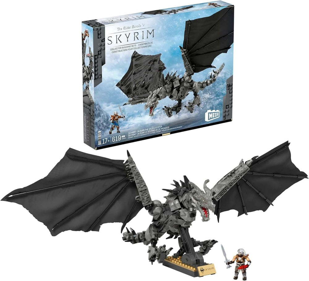 MEGA Skyrim Actionfigur Bauspielzeug, Alduin der Weltenfresser mit 619 Teilen, mit 1 Dragonborn-Figur, für Sammler, HXR98