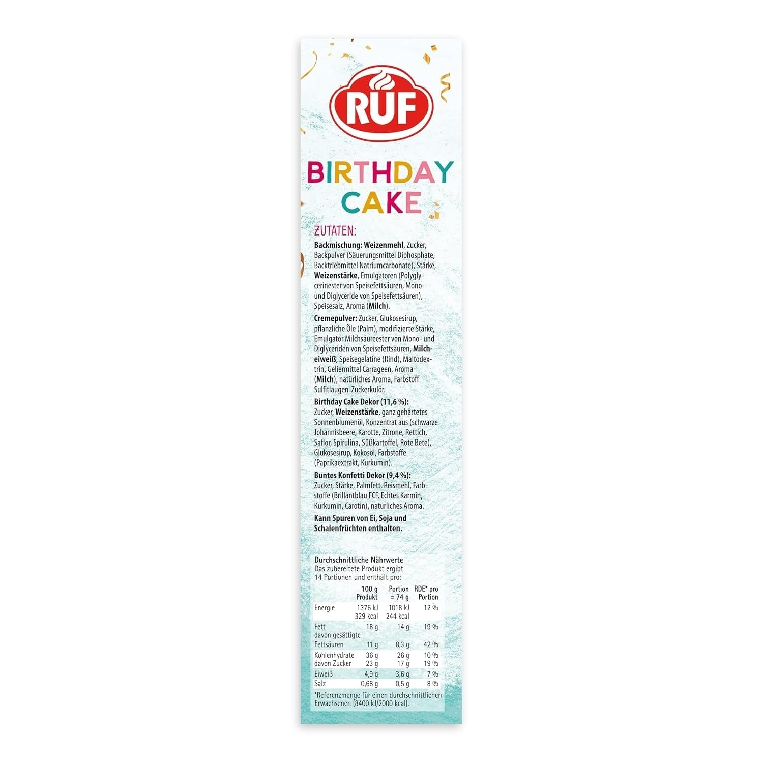 RUF Birthday Cake, Geburtstagskuchen, Schicht-Torte Aus Rührteig Und Konfetti-Streusel, Tortencreme Und Buntem Dekor-Mix, Für Kindergeburtstag, Familienfeier, Einschulung, 1X425G Glazuri si Decor Naty Shop
