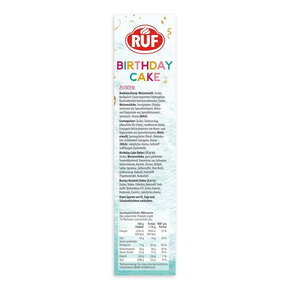 RUF Birthday Cake, Geburtstagskuchen, Schicht-Torte Aus Rührteig Und Konfetti-Streusel, Tortencreme Und Buntem Dekor-Mix, Für Kindergeburtstag, Familienfeier, Einschulung, 1X425G Glaçages et décoration Naty Shop