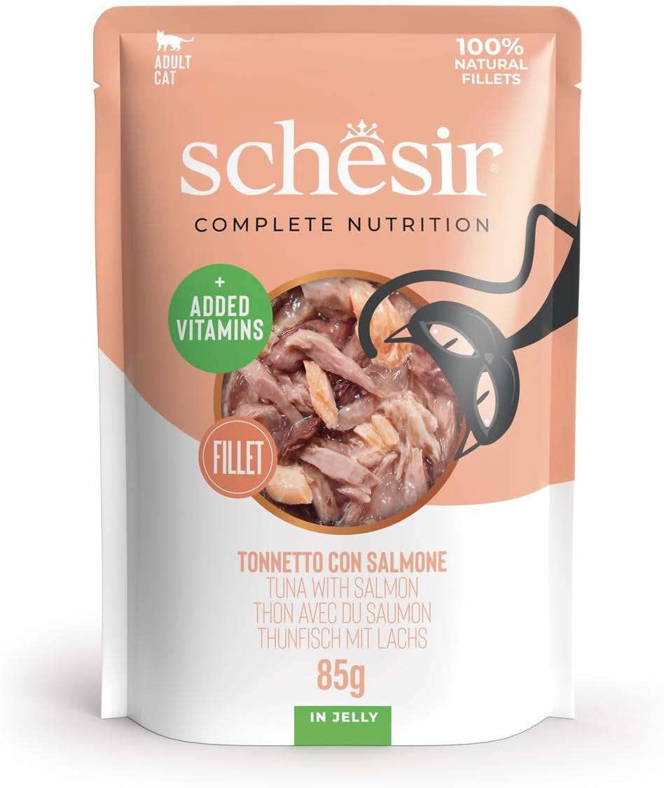 , Tunfisch mit Lachs in Gelee, complet Nassfutter für Katzen, im Beutel, 100% naturel Inhaltsstoffe, tierversuchfrei, 12 x 85 g