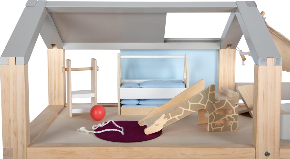 Small Foot Maison de poupée en bois de couleur naturelle – Toit-terrasse à 3 niveaux et ensemble de meubles de 51 pièces encourage le jeu créatif, convient aux enfants de 3 ans et plus, 12541