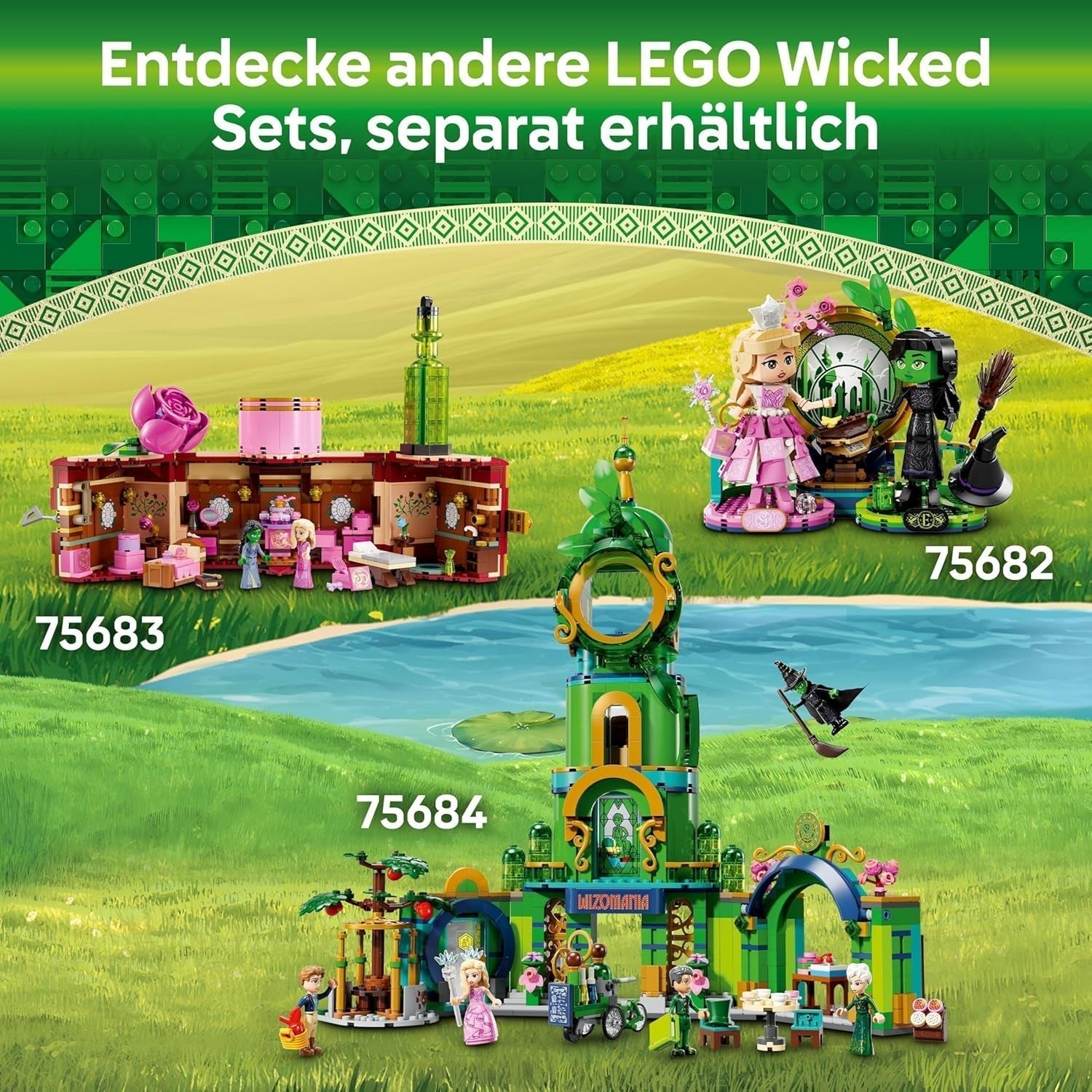 Jouet tour LEGO Wicked Welcome to Emerald City, mini-poupées Glinda et Elphaba, cadeau pour les cinéphiles et les filles et garçons à partir de 9 ans qui aiment les maisons de poupées 75684 Jeux de construction Besuche den LEGO-Store
