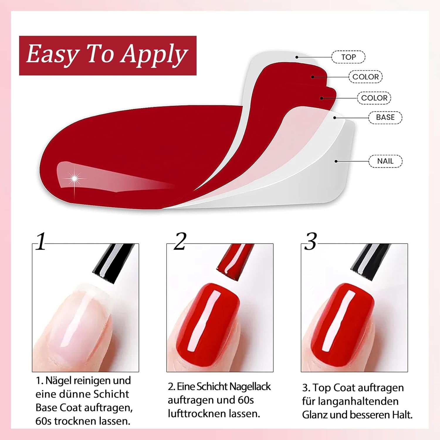 Ensemble de 6 vernis à ongles – Vernis à ongles rouge vif longue durée à séchage rapide – Vernis à ongles non toxique à base d'eau pour salons de bricolage, cadeau de manucure (couleur A)