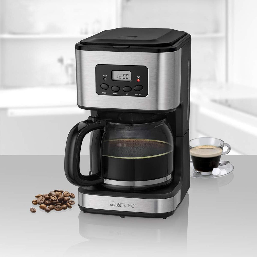 Cafetière Clatronic® avec minuteur, carafe 1,5 litre pour 12-14 tasses de café, minuterie LCD 24h, fonction maintien au chaud, anti-goutte, filtre amovible, afficheur et voyants lumineux, 900W - KA 3642