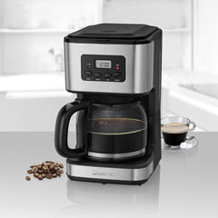 Cafetière Clatronic® avec minuteur, carafe 1,5 litre pour 12-14 tasses de café, minuterie LCD 24h, fonction maintien au chaud, anti-goutte, filtre amovible, afficheur et voyants lumineux, 900W - KA 3642
