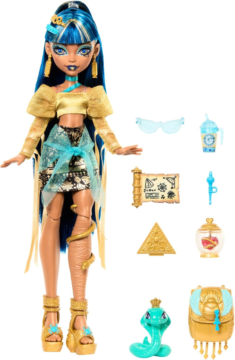 Poupée Monster High Cleo De Nile en chemisier doré et jupe superposée, comprend un animal de compagnie Cobra Hissette et des accessoires tels qu'un sac à dos, une collation et un rouleau de papier, HXH74 Naty Shop Dolls