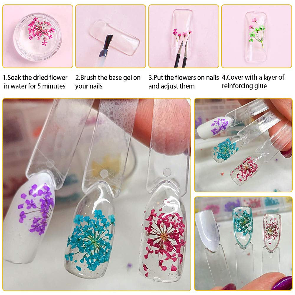 Getrocknete Blüten Nail Sticker, 2 Box 36 Stücke 3D Nail Art Kunstharz Blumen Sticker, Blüten Getrocknet Nagelkunst Trocken Blumen Nagel Zubehör Für Nagel Dekor DIY Design Mit 1 Gebogener Pinzette
