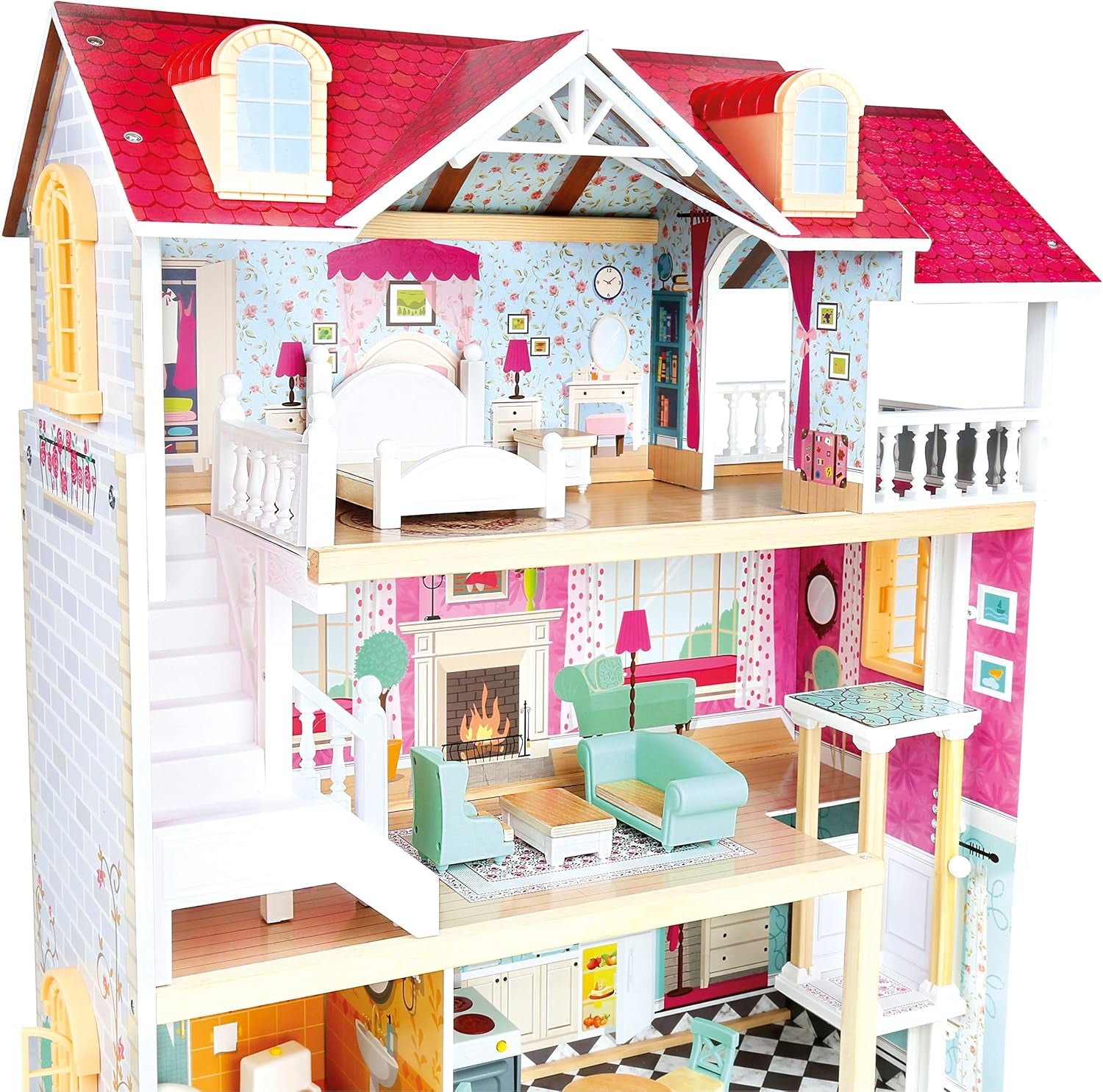 Bino Grande maison de poupée en bois pour enfants de 3 ans (accessoires de chambre d'enfant, maison de jouets comprenant des accessoires de maison de poupée, 5 pièces, 3 niveaux de jeu, 111 pièces), multicolore Naty Shop Dollhouses