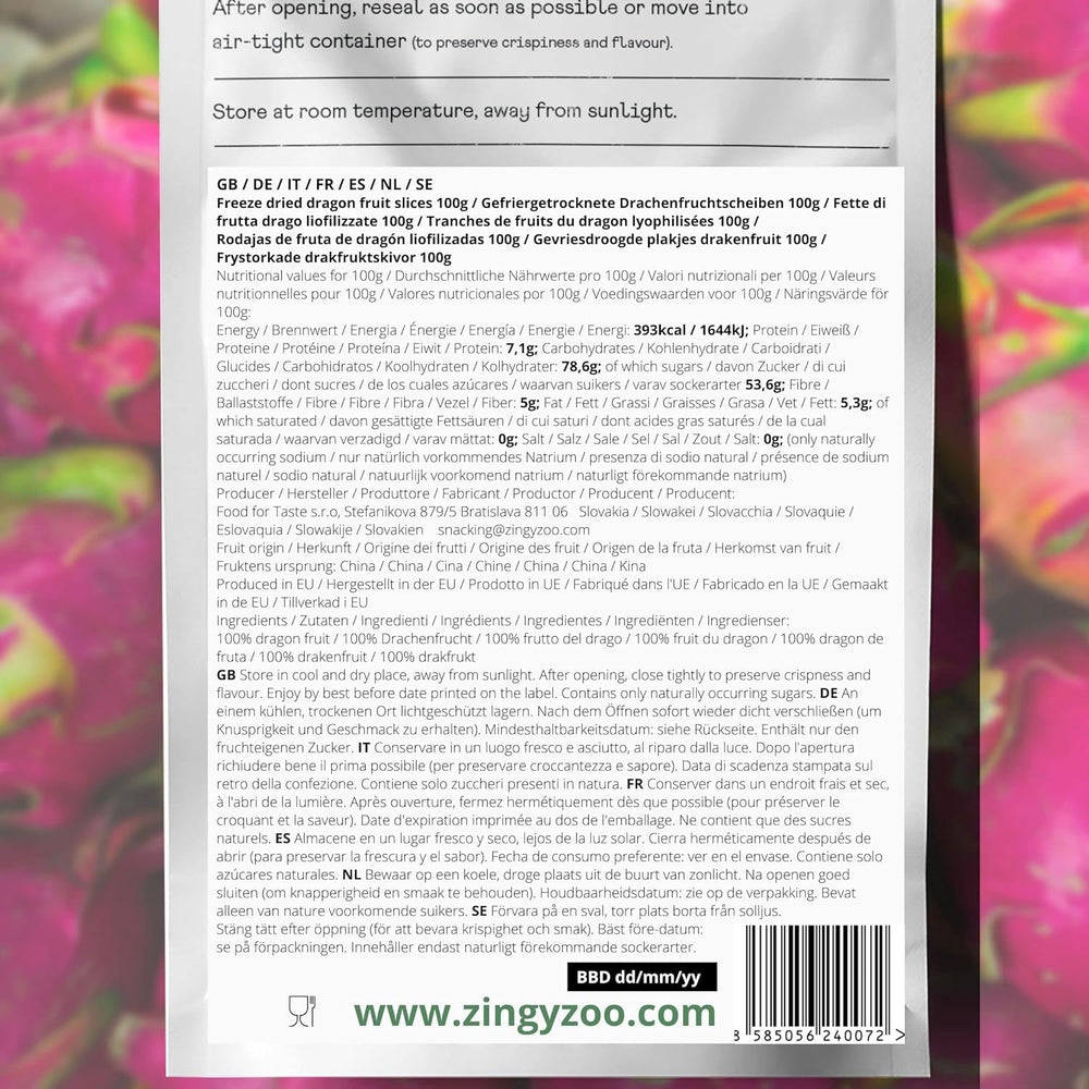 Fruit du dragon séché lyophilisé | Pitaya rose naturellement séchée végétalienne | Convient pour faire de la poudre de fruit du dragon Pitahaya Smoothie Bowl | Fruit du dragon séché lyophilisé | ZingyZoo (100g) Naty Shop produits déshydratés