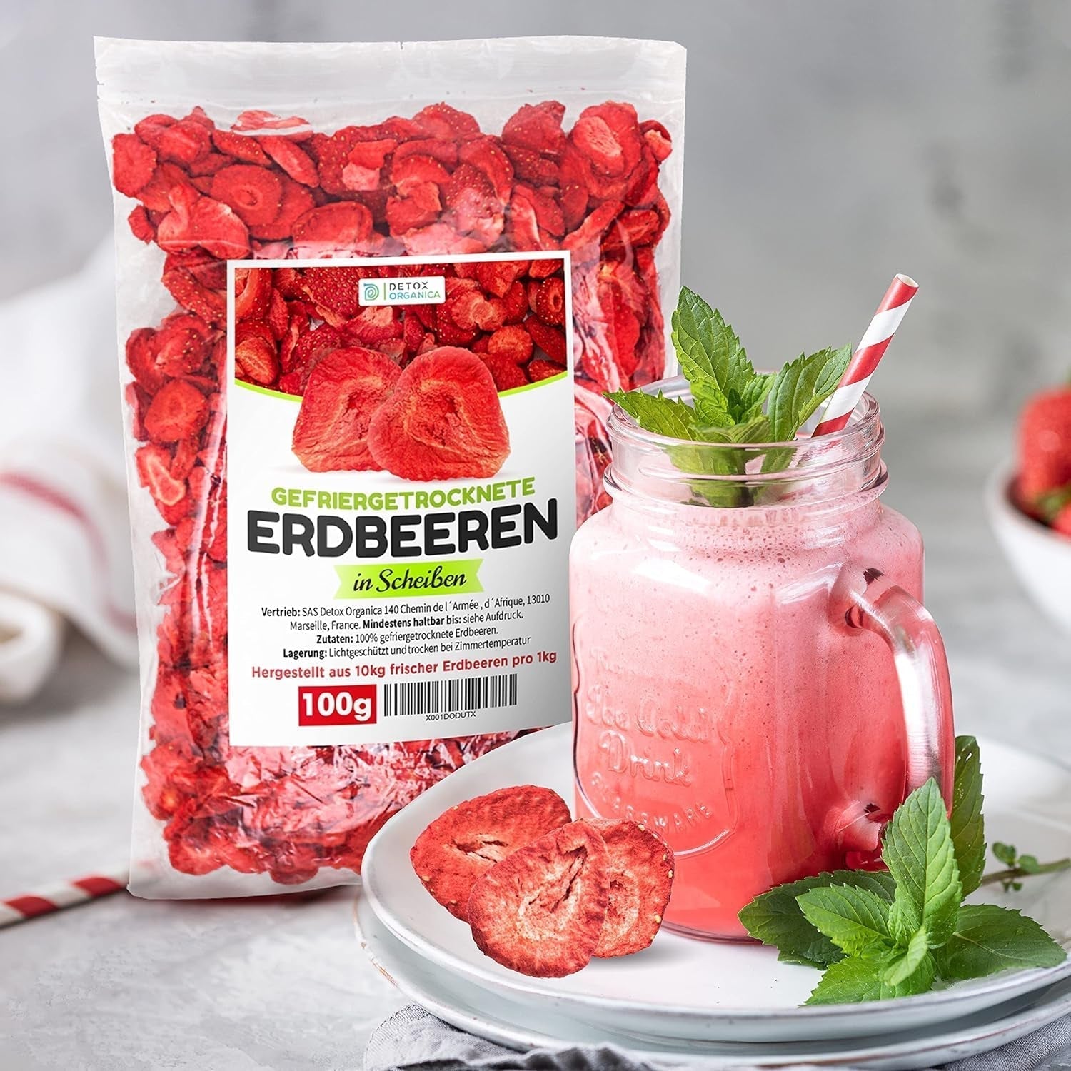 FRUCTE DE STRAWBERRIES FREEZE-DRIED, 100g fructe în felii, 100% fructe uscate - naturale și fără adaos de zahăr sau aditivi, de cea mai înaltă calitate de la Detox Organica Produse deshidratate Naty Shop