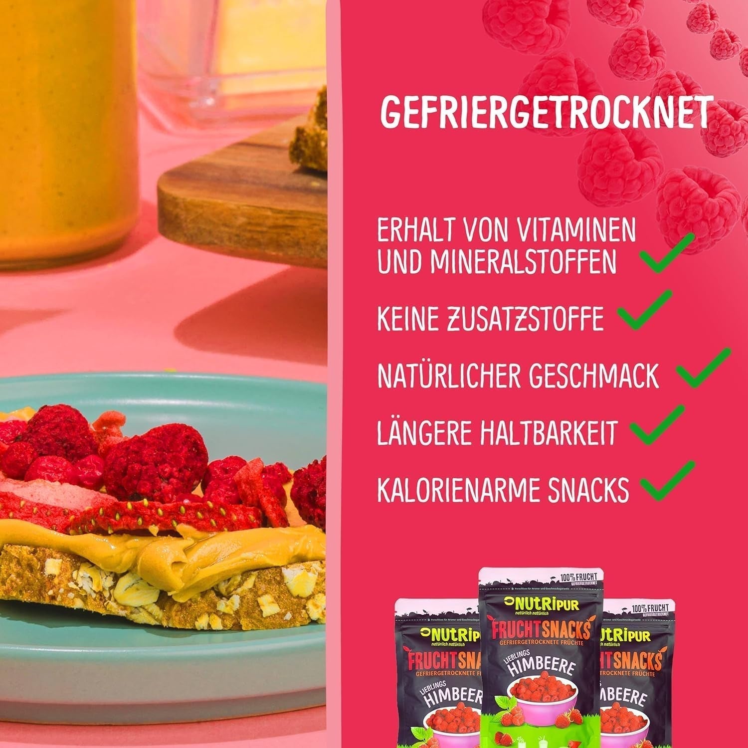 Fruits lyophilisés : 100g de framboises lyophilisées pour smoothie bowls, muesli, porridge toppings - Baies lyophilisées sans sucre ajouté - Baies lyophilisées - Fruits de NutriPur Produits déshydratés Naty Shop