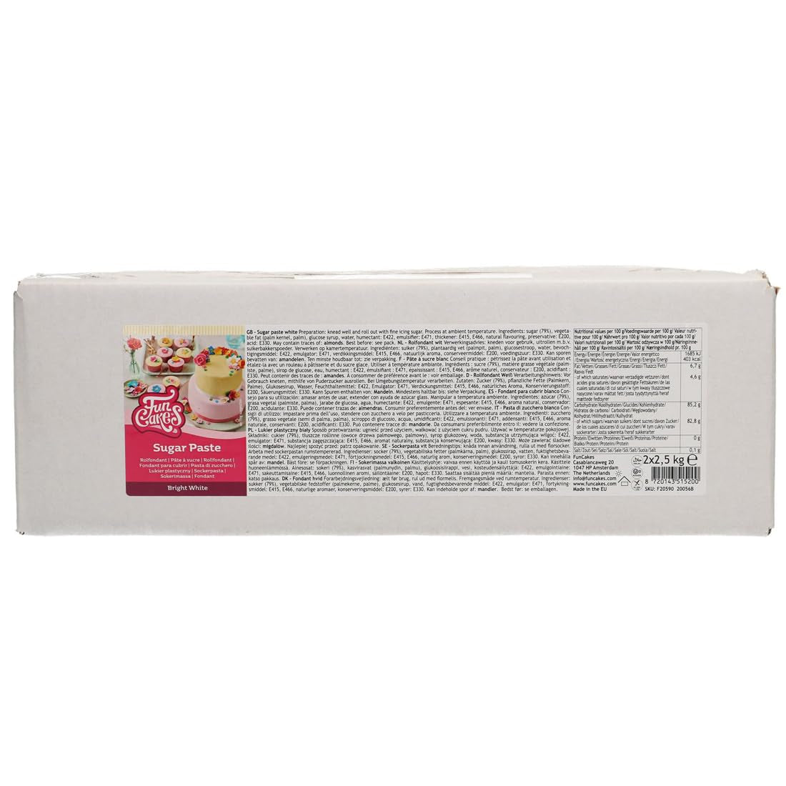 FunCakes Roll Fondant Bright White : Facile à utiliser, lisse, flexible, souple et malléable, parfait pour décorer des gâteaux, halal, casher et sans gluten. 5 kg (2 × 2,5 kg) de pâte à sucre Naty Shop Default Title
