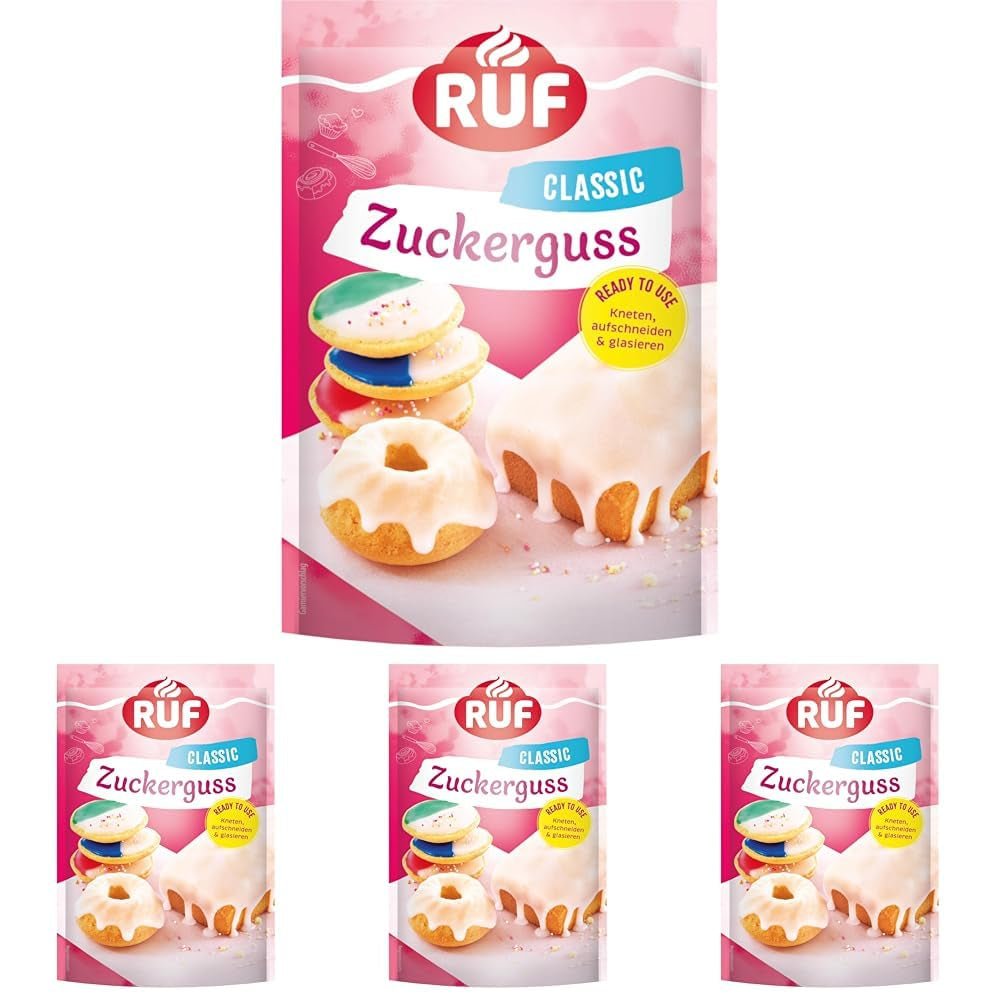 Glaçage RUF prêt à l'emploi, s'utilise immédiatement sans mélanger, glaçage pour biscuits et gâteaux, comme base de glaçage au sucre ou pour colorer et aromatiser, 1 x 150g (lot de 4) Naty Shop Pâte à Sucre 150 G (lot de 4) Blanc