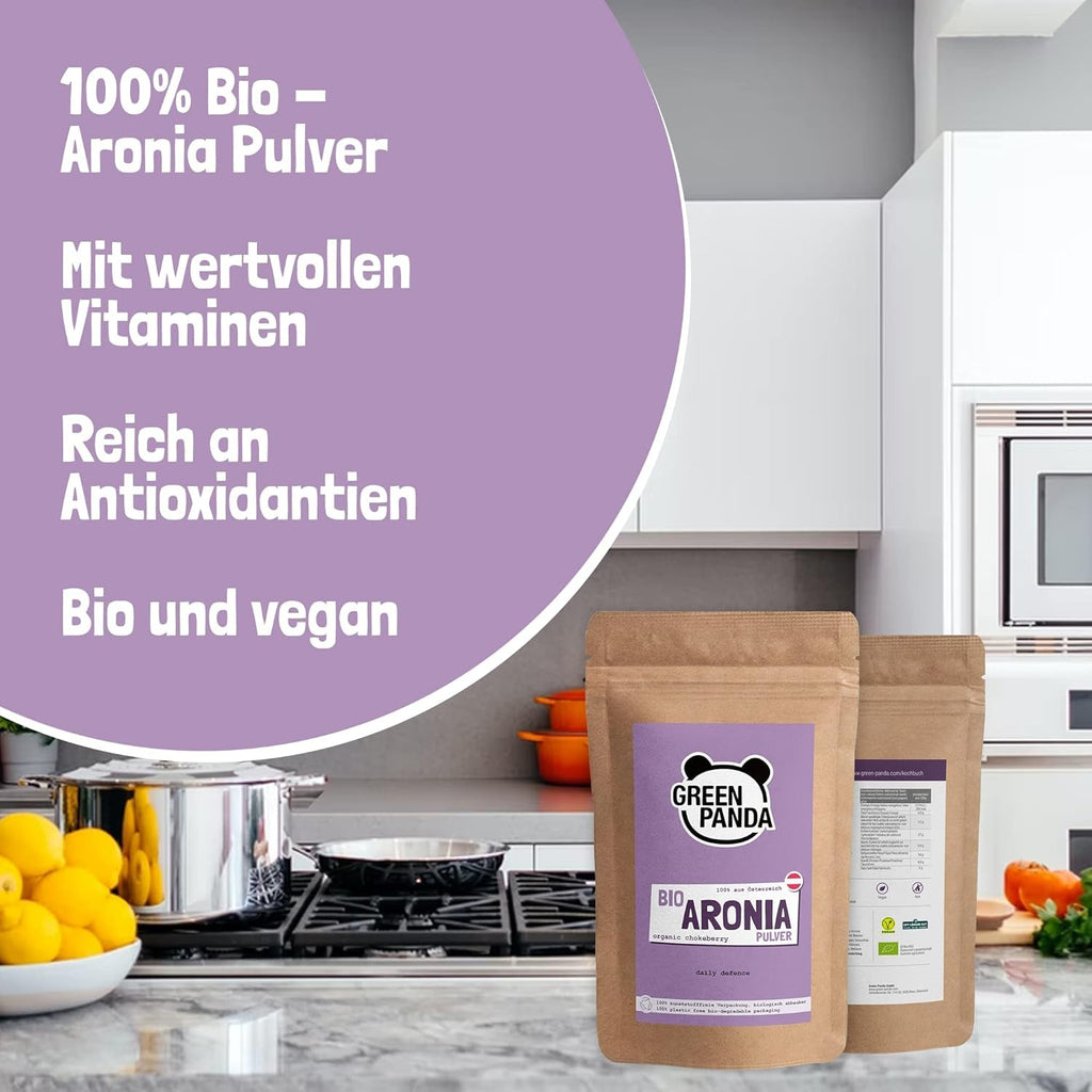 GREEN PANDA® pulbere organică de chokeberry din Austria | chokeberries uscate fin măcinate | chokeberries organice fără aditivi | alternativă regională la pudra de acai și boabe goji | 500g Produse deshidratate Naty Shop
