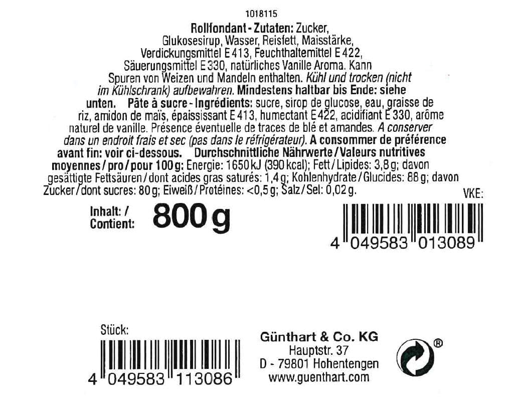 Günthart BackDecor 800 g de fondant blanc Table décorative blanche pour enduire, glacer des gâteaux ou modeler, sans huile de palme, prête à l'emploi et facile à travailler avec la pâte à sucre Naty Shop