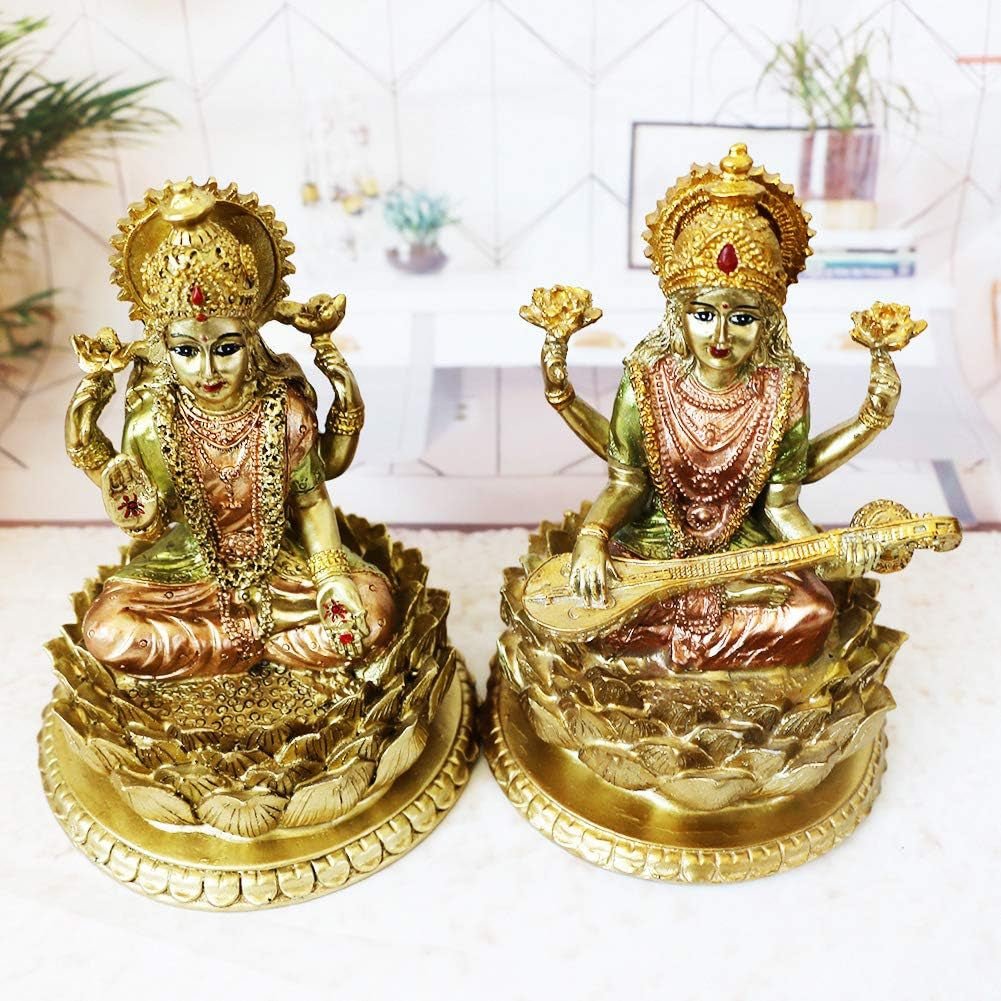 Sculpture de lotus de la déesse hindoue Laxmi – Statue du dieu indien Lakshmi Puja – Figurines d'idole Murti de l'Inde Pooja Article Cadeaux Diwali Statuettes et sculptures Naty Shop