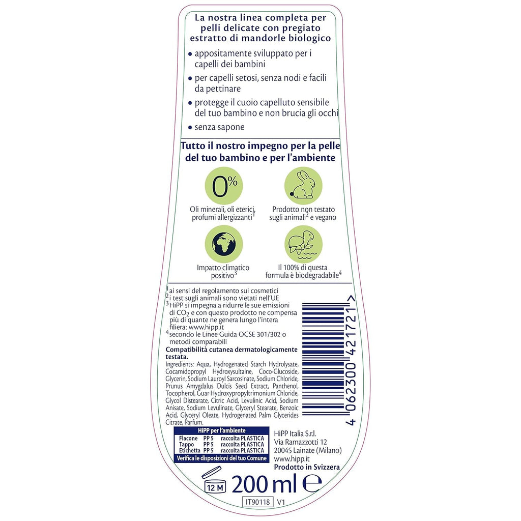 HiPP Baby Care Șampon cu balsam pentru copii, descurcă părul și protejează scalpul, pentru pielea sensibilă, cu extract natural de migdale organice, 1 x 200 ml Copii - Baie si Skincare Naty Shop