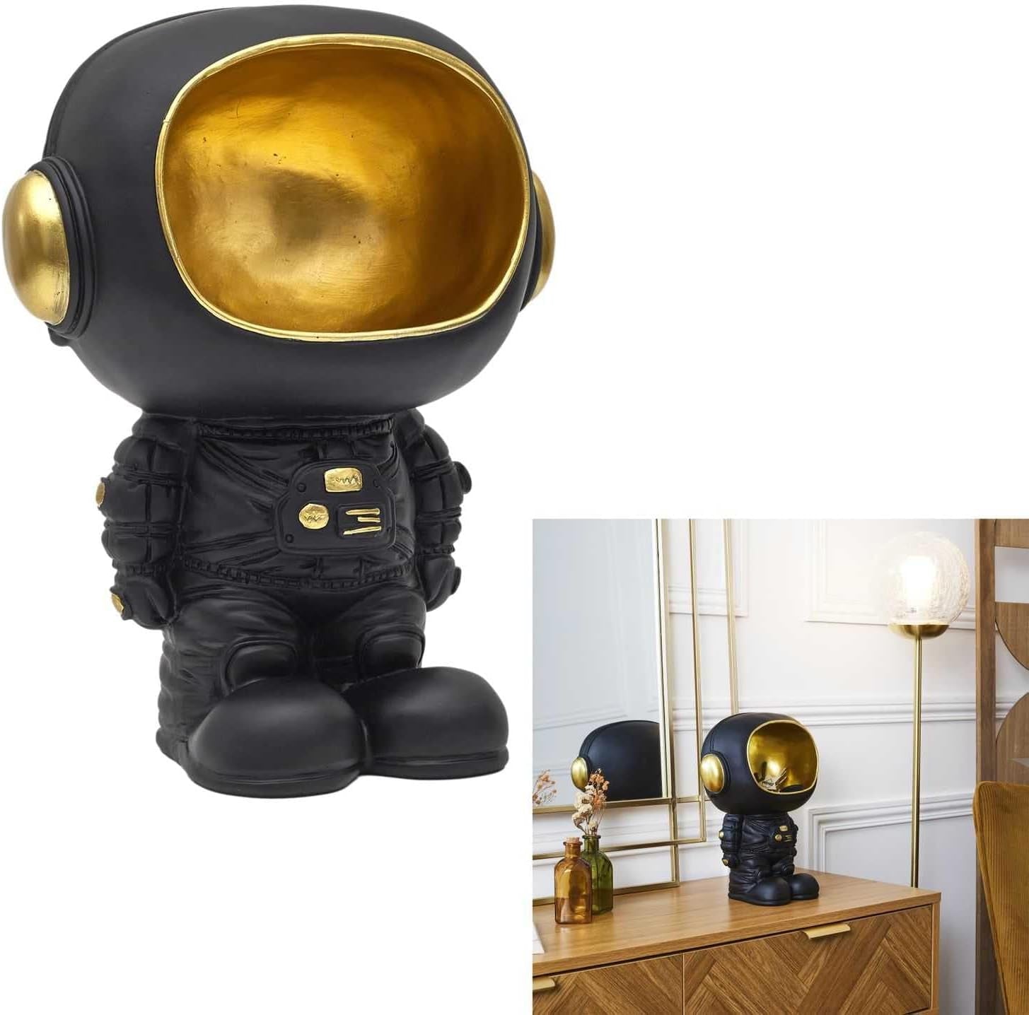 HOME DECO FACTORY, HD0160, Statue Astronaute avec vide-poche noir, objet de décoration moderne et pratique, design futuriste, idéal pour salon ou bureau, taille : 20 cm, couleur : noir et doré Statuettes et sculptures Naty Shop
