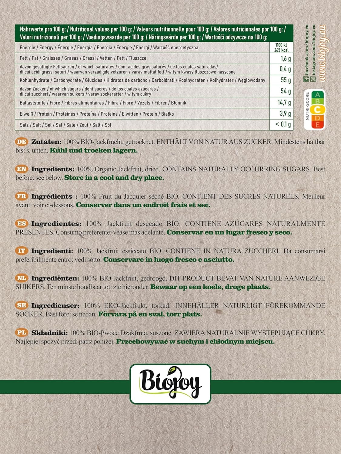 Jacquier bio Biojoy (1 kg), morceaux de jacquier séchés et non soufrés Produits déshydratés Naty Shop