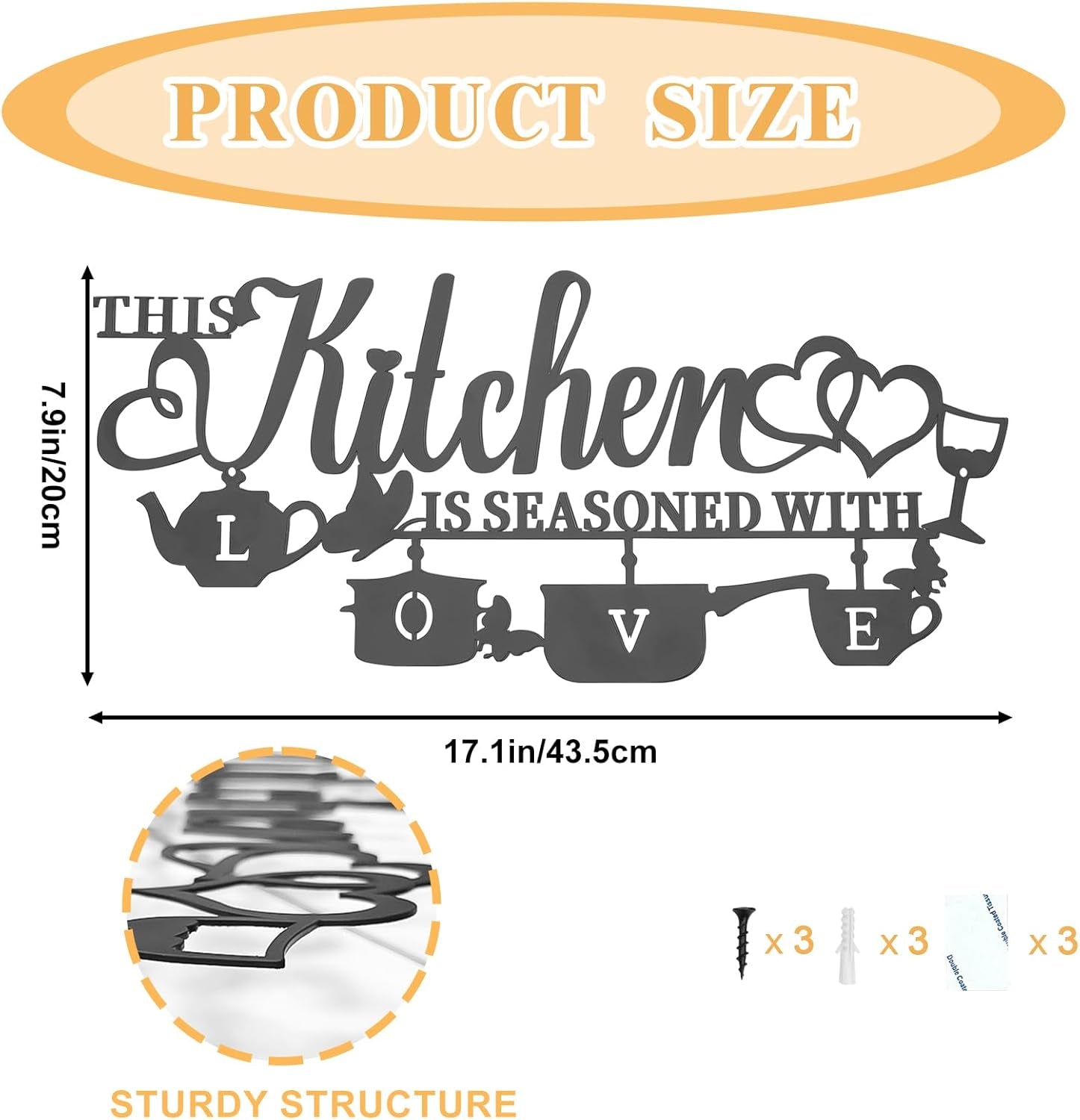 KHayRovies Décoration murale de cuisine en métal Cette cuisine est assaisonnée avec amour Plaque de nom de mot noir Lettres en fer rustiques Citations pour cuisine, ferme, salon Statues et sculptures Naty Shop