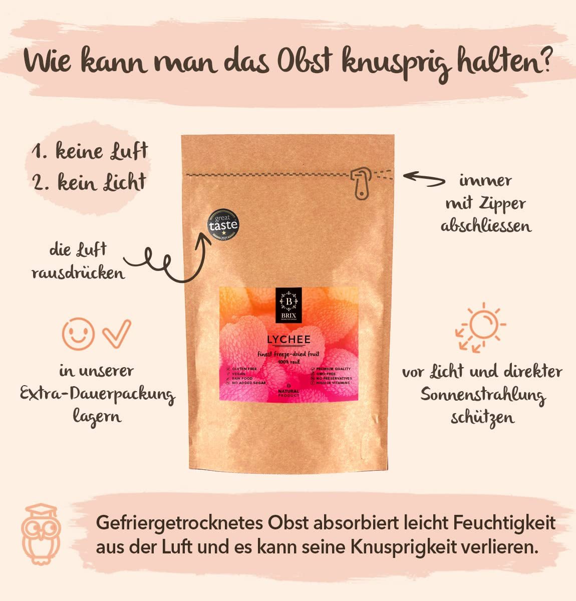 Litchi séché BRIX | Litchi naturel séché 95 g | Grand Prix du Goût pour les Fruits Secs | Sans OGM, sans gluten, végétalien, vitamines conservées Naty Shop Produits déshydratés