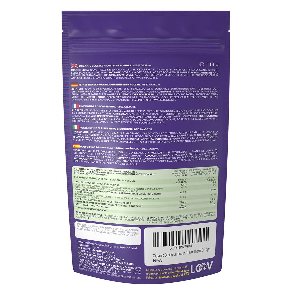 Poudre de cassis biologique LOOV, composée à 100 % de cassis entiers, de baies biologiques lyophilisées et en poudre, cultivées en Europe du Nord, sans sucre ajouté, 113 g Naty Shop Produits déshydratés
