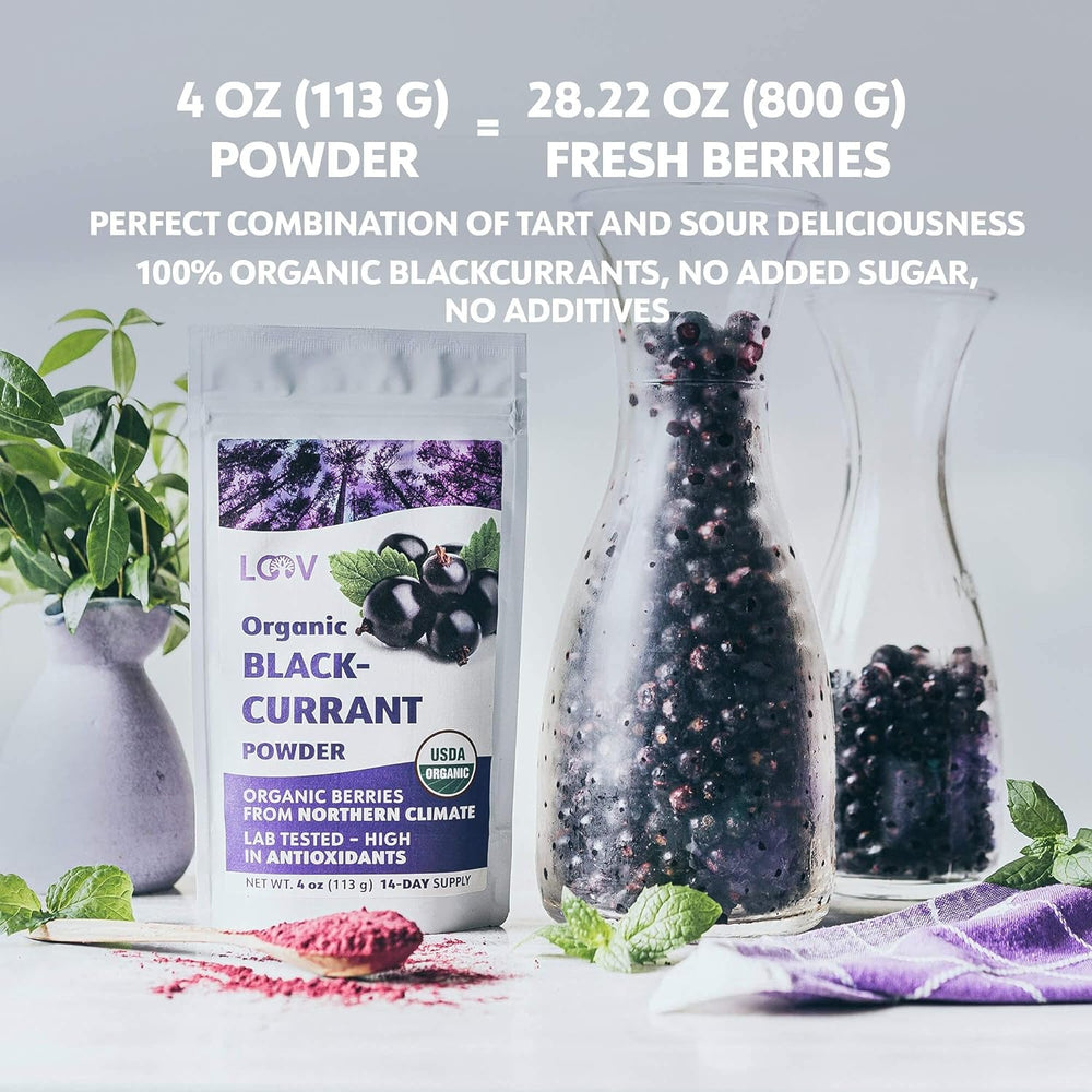 Poudre de cassis biologique LOOV, composée à 100 % de cassis entiers, de baies biologiques lyophilisées et en poudre, cultivées en Europe du Nord, sans sucre ajouté, 113 g Naty Shop Produits déshydratés