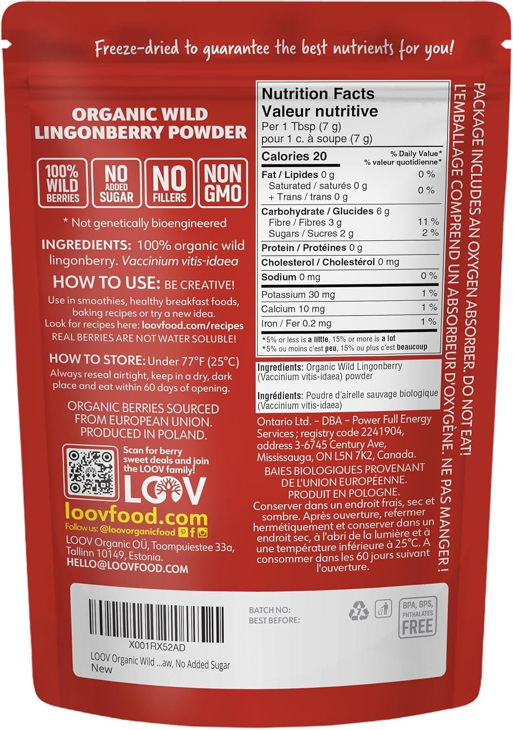 Poudre de myrtille bio LOOV, composée à 100% de myrtilles sauvages entières lyophilisées récoltées dans les forêts du nord de l'Europe, 113g, sans sucre ajouté Naty Shop Produits Déshydratés