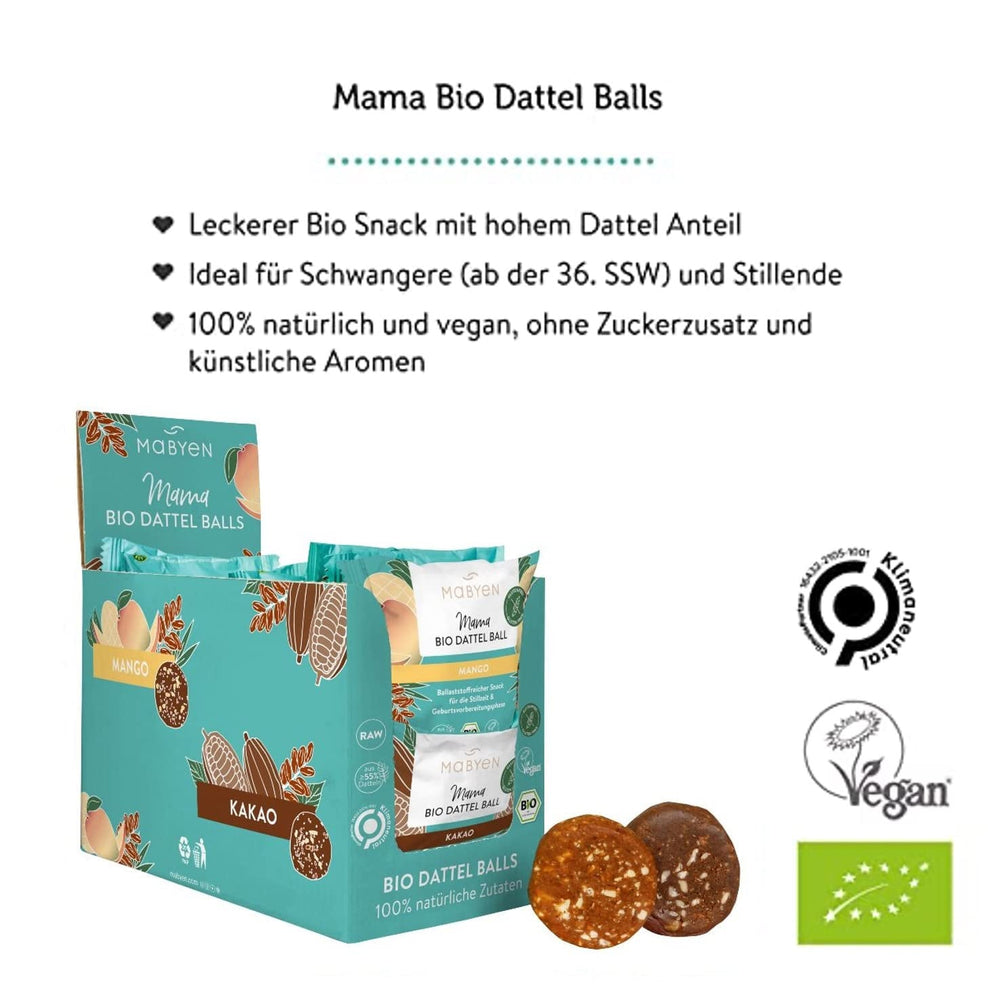 MABYEN Boules d'Énergie Date Bio 20 pcs. | Boules de dattes - Snacks sains sans sucre pour la grossesse et l'allaitement - Barres protéinées aux fruits secs - 13 x Cacao et 7 x Produits déshydratés saveur mangue Naty Shop