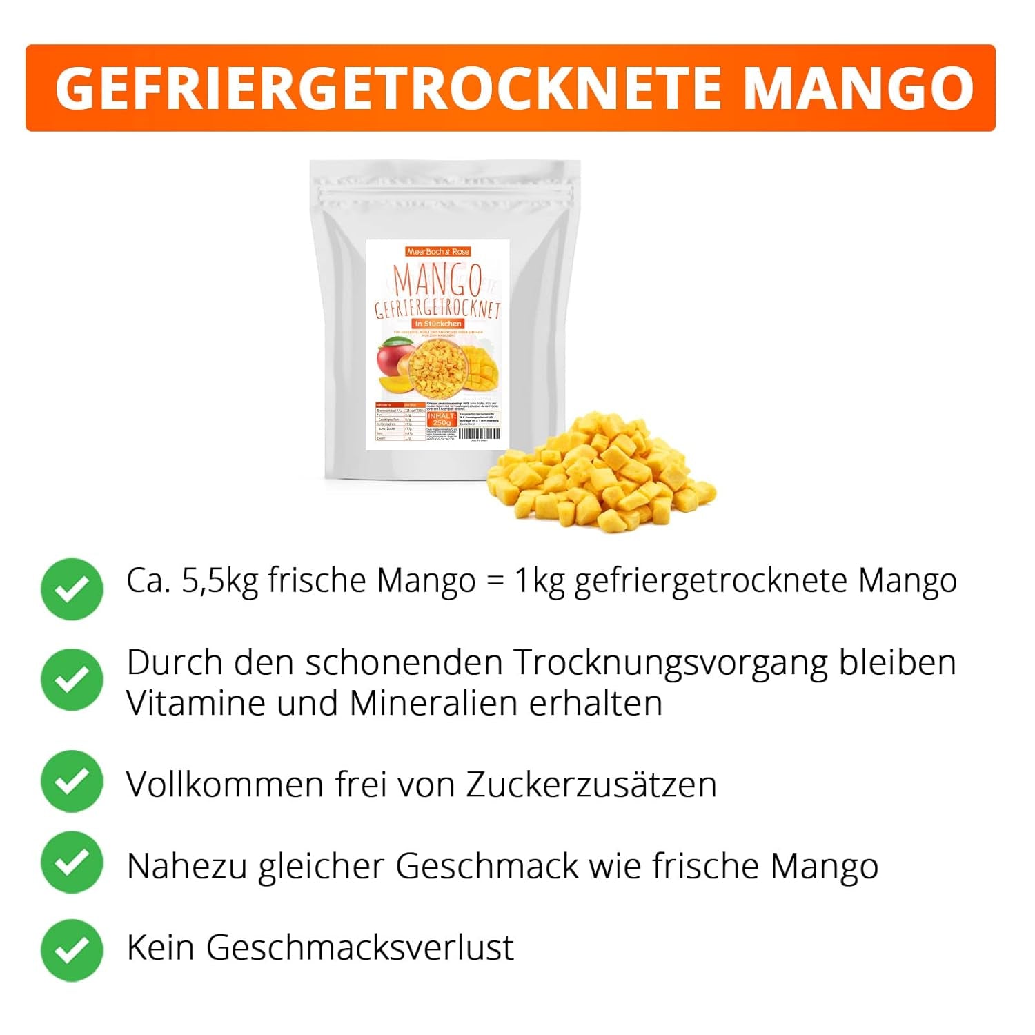 Mangue lyophilisée, 250g de fruits lyophilisés, sans additifs, fruité, fabriqué en Allemagne Produits déshydratés Naty Shop