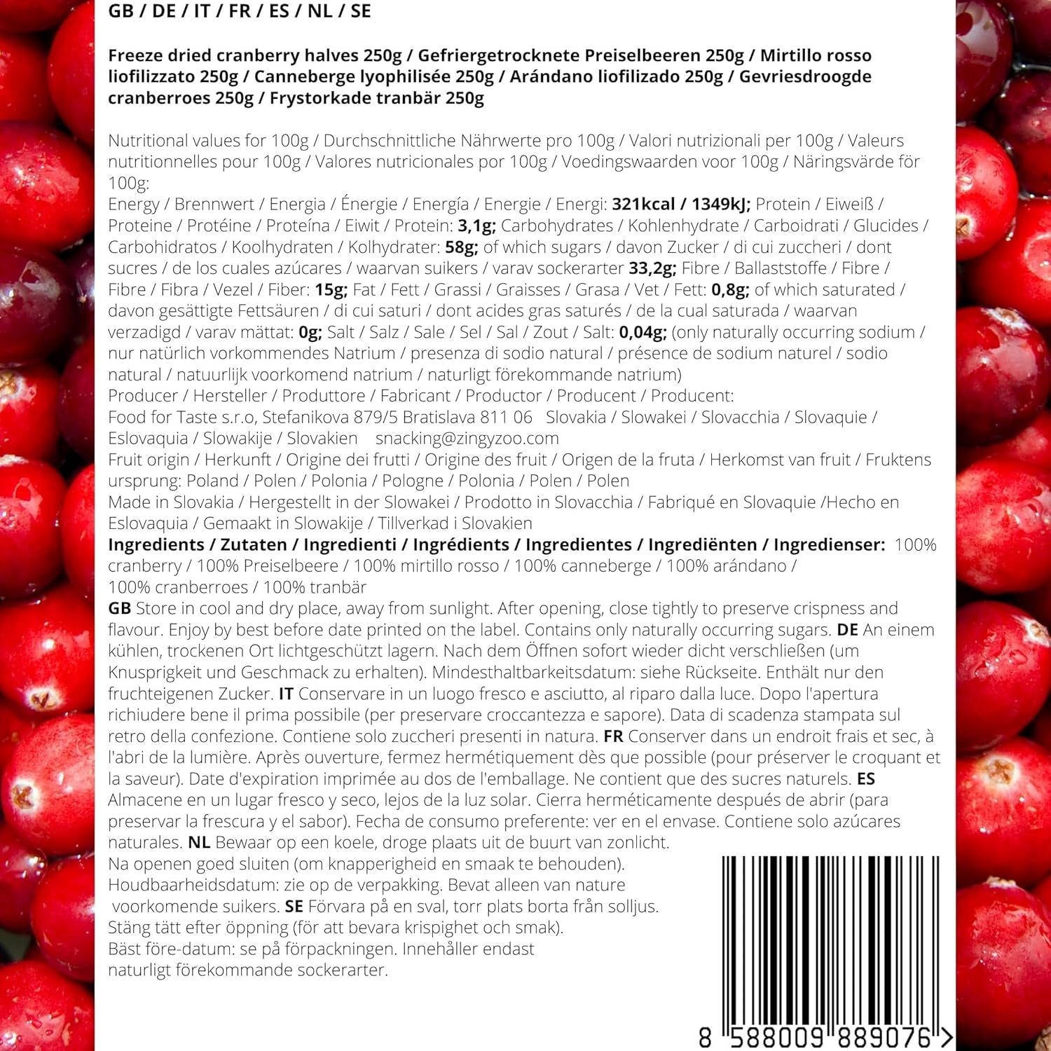 Canneberges lyophilisées sans sucre | XL 250g Canneberges naturelles lyophilisées non sucrées | Fruits sauvages naturels lyophilisés | Canneberges lyophilisées | ZingyZoo Produits déshydratés Naty Shop