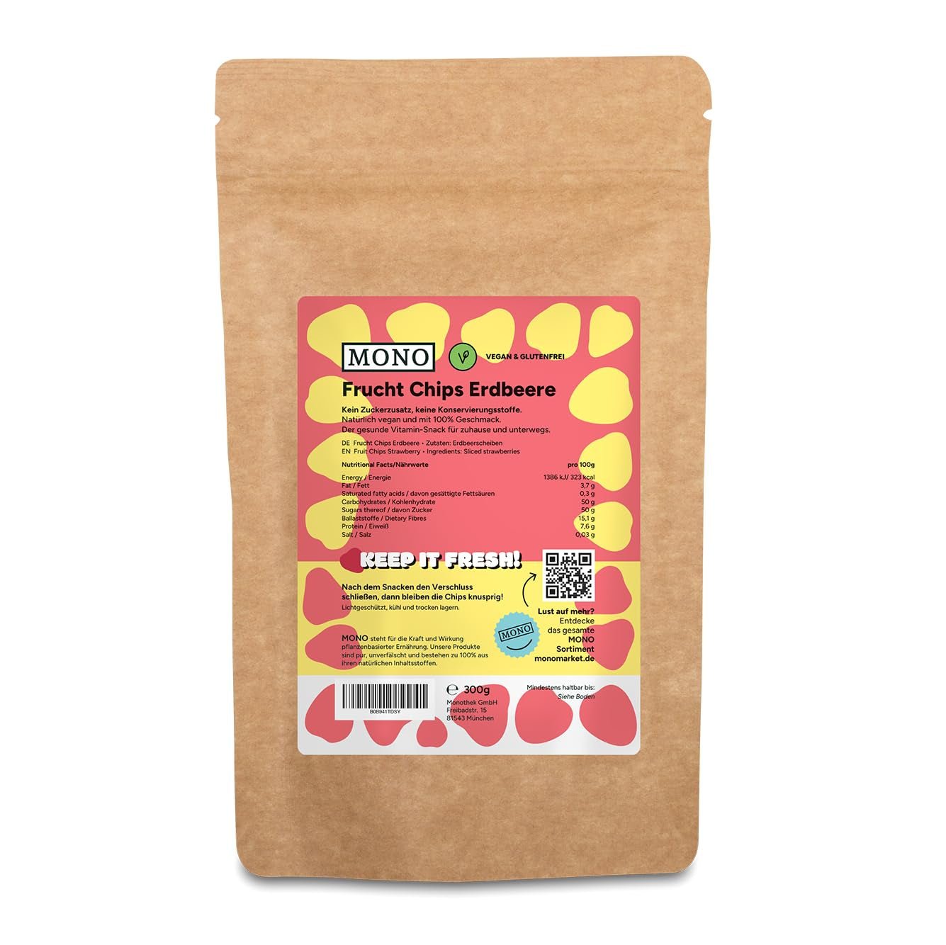 Chips lyophilisées Mono - 300g de chips de fraises à base de fraises 100% naturelles - fruits tropicaux séchés - fraises séchées - snack pour muesli et desserts - chips de fraises Produits déshydratés Naty Shop