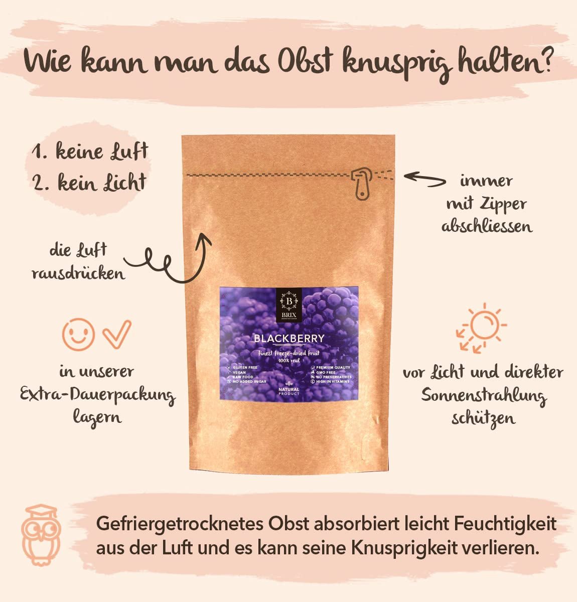 Mûres lyophilisées BRIX | Mûres naturelles séchées 105 g | Prix ​​du Grand Goût pour les Baies Séchées | Sans OGM, sans gluten, végétalien, vitamines retenues Naty Shop Produits déshydratés