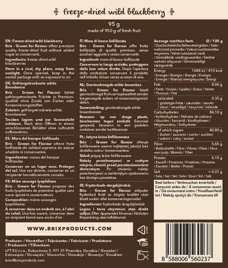 Mûres sauvages BRIX | Mûres sauvages naturelles, séchées 95 g | Prix ​​du Grand Goût pour les Baies Séchées | Sans OGM, sans gluten, végétalien, vitamines retenues Naty Shop Produits déshydratés