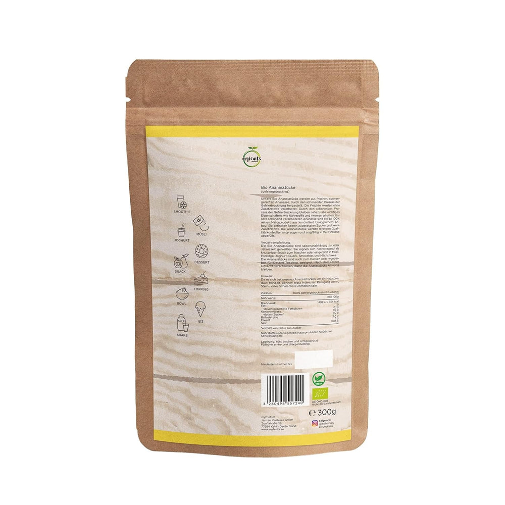 Ananas lyophilisé bio myfruits, 300g, fruits secs sans additifs, 100% ananas en gros morceaux, fruits lyophilisés pour muesli ou en snack Produits déshydratés Naty Shop