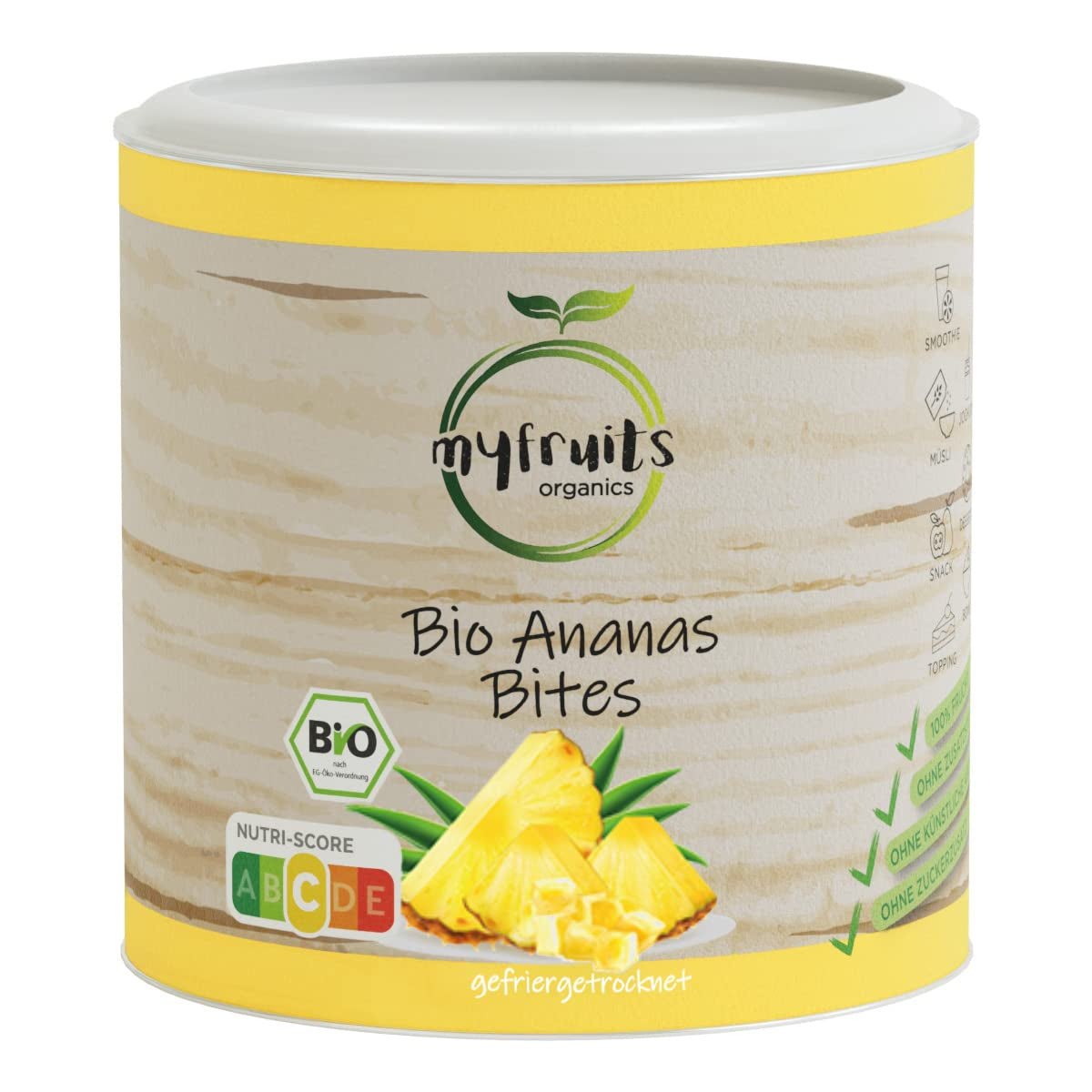 Ananas lyophilisé bio myfruits, 300g, fruits secs sans additifs, 100% ananas en gros morceaux, fruits lyophilisés pour muesli ou en snack Produits déshydratés Naty Shop 85 Gramme