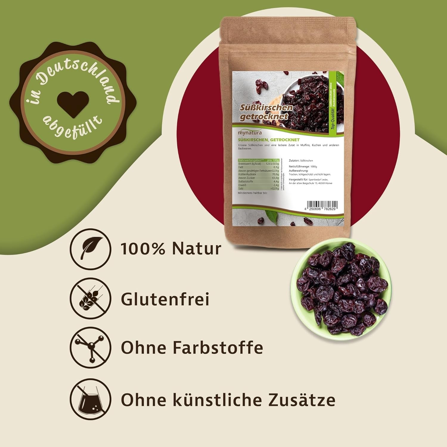 Cerises sucrées, séchées et sans pépins Mynatura I Non sucrées I Fruits secs I Sans additifs I Pâtisserie I Cerises I Snack I Muesli I Vegan I Sachet (1x 1000g) Produits déshydratés Naty Shop