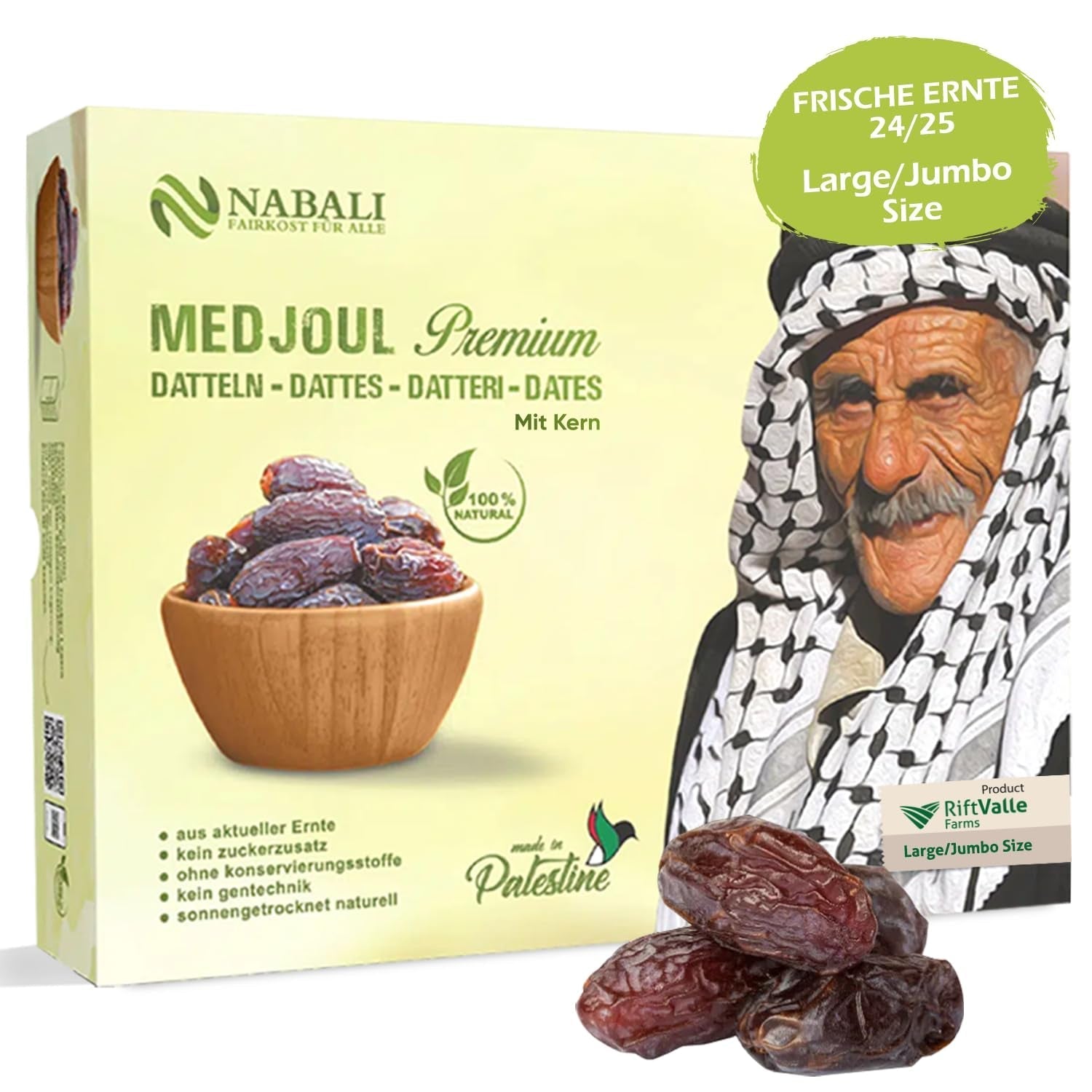 NABALI FAIRKOST FOR ALL Dattes Medjool Medjoul de Palestine - 100% naturel végétalien aromatique traditionnel frais et oriental I sans conservateurs 5 kg (1 paquet), Petit/Moyen Produits déshydratés Naty Shop 5 kg (1 paquet), Grand/Jumbo