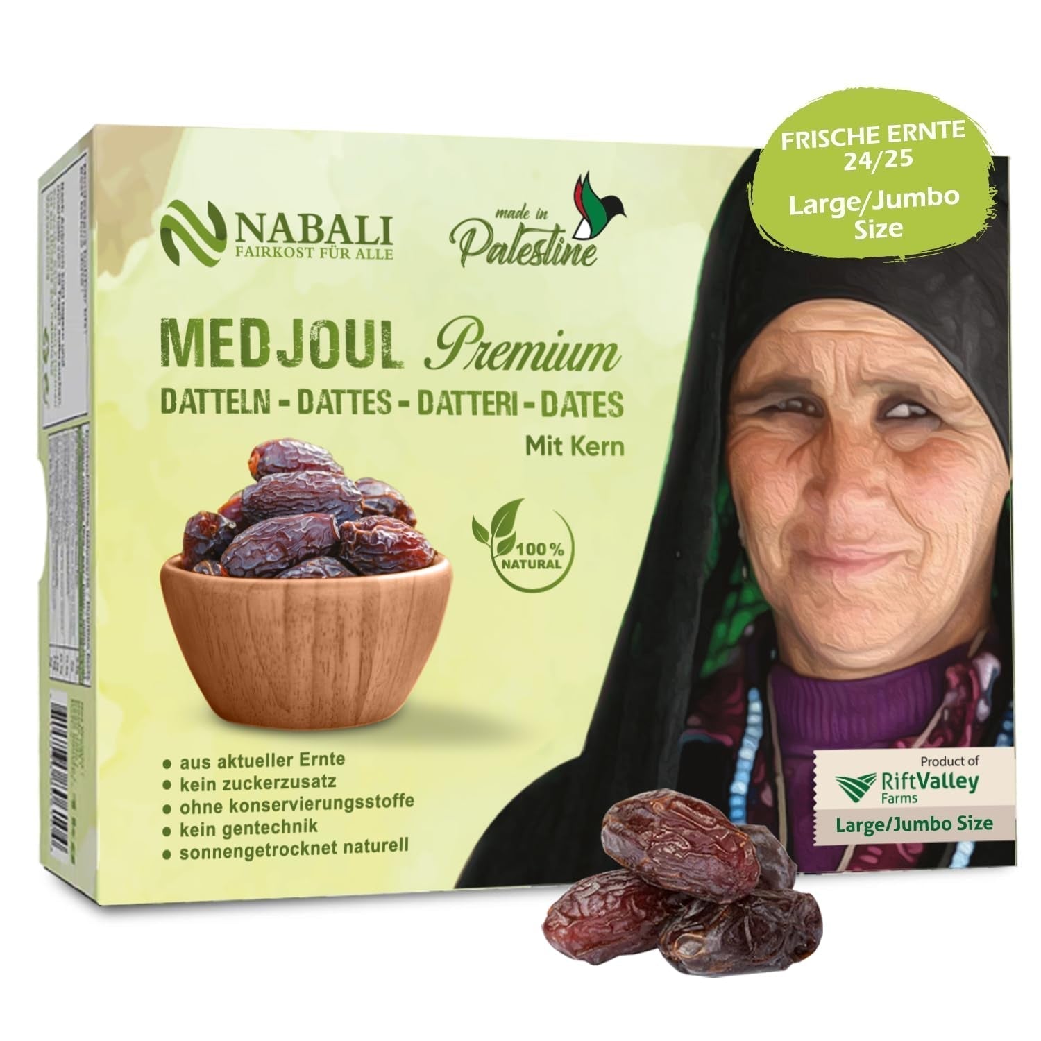 NABALI FAIRKOST FOR ALL Dattes Medjool Medjoul de Palestine - 100% naturel végétalien aromatique traditionnel frais et oriental I sans conservateurs 5 kg (1 paquet), Petit/Moyen Produits déshydratés Naty Shop 1 kg (1 paquet), Grand/Jumbo