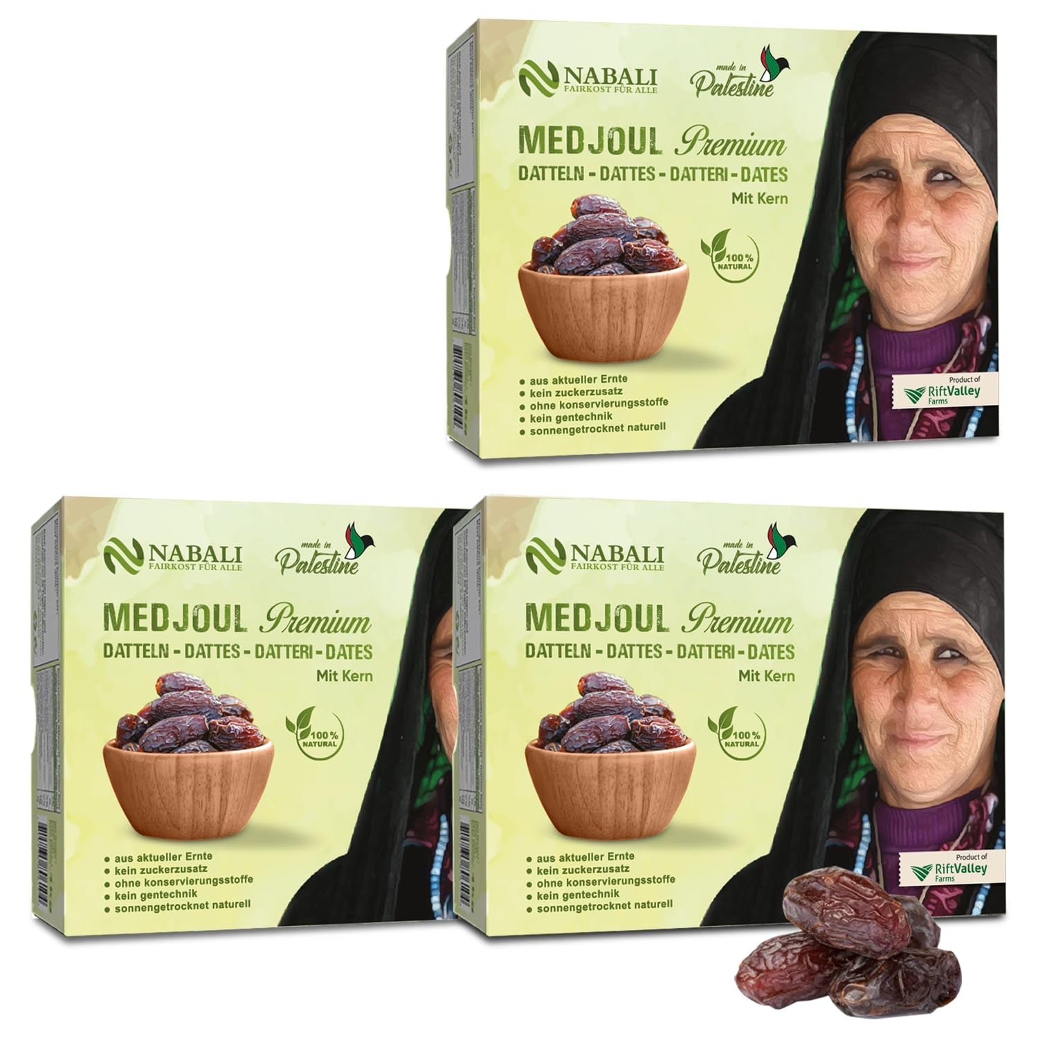 NABALI FAIRKOST FOR ALL Dattes Medjool Medjoul de Palestine - 100% naturel végétalien aromatique traditionnel frais et oriental I sans conservateurs 5 kg (1 paquet), Small/Medium Naty Shop produits déshydratés 1kg (3 pack) Large/Jumbo