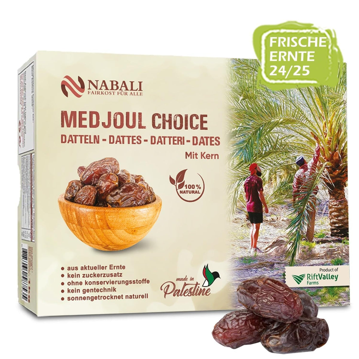 NABALI FAIRKOST FOR ALL Medjoul - Medjool Dattes Choix I - 100% naturel aromatique frais oriental doux I sucré comme le miel et caramélisé I Origine : Palestine I (1x1KG) Produits déshydratés Naty Shop 1 kg (1 colis)