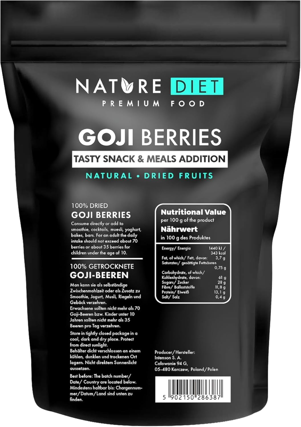 Nature Diet - Baies de Goji 1000 g | Baies séchées | Snack santé Produits déshydratés Naty Shop 1 kg (1 paquet)