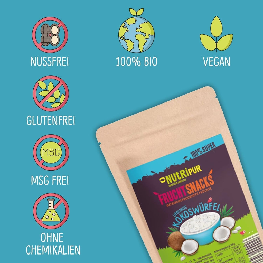 Nucă de cocos liofilizată: 50g fructe liofilizate - dulciuri vegane cuburi de nucă de cocos îndulcite - fructe uscate natural de la NutriPur Produse deshidratate Naty Shop