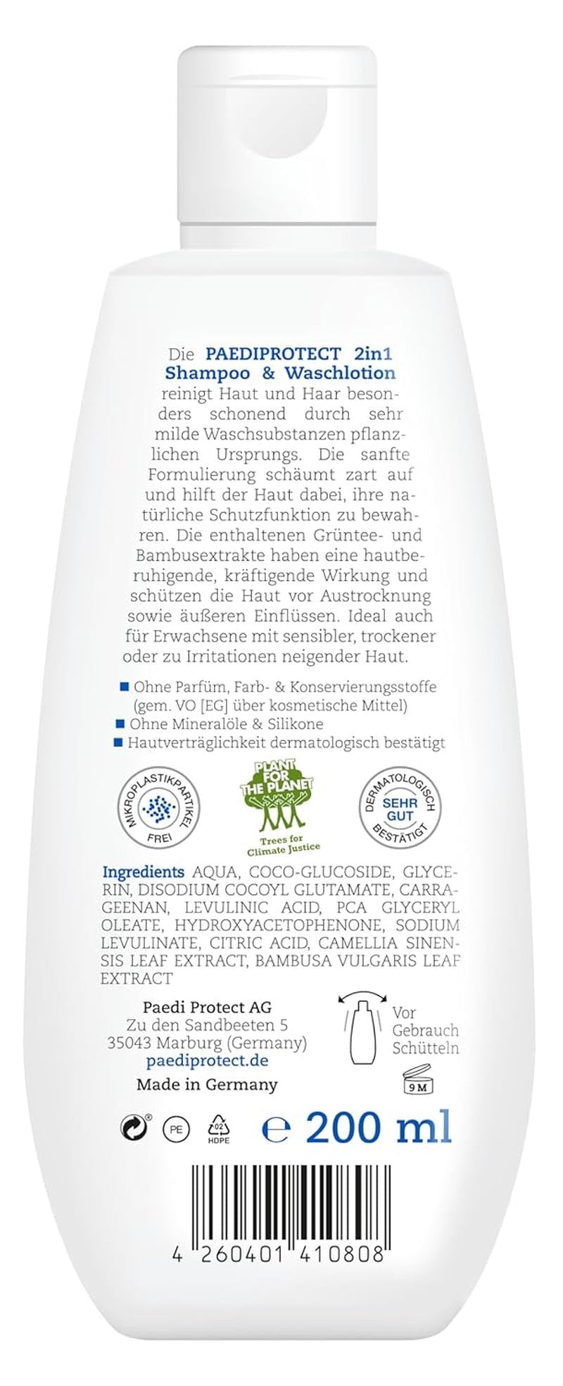 PAEDIPROTECT Shampoing et lotion lavante 2en1 pour bébés et enfants 200 ml, nettoyage délicat et cheveux sans parfum ni microplastiques, le gel douche hydrate les peaux sèches et sensibles, également pour adultes Enfants - Bain et Soin Naty Shop