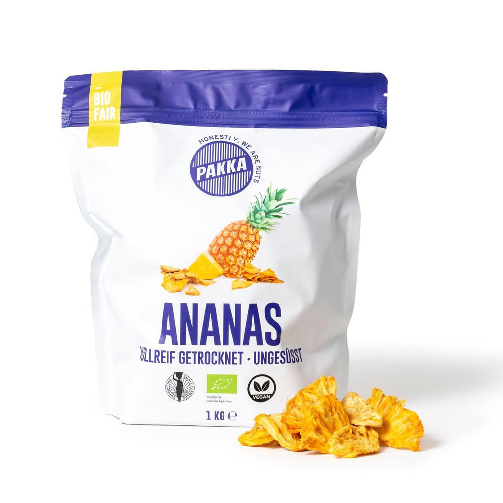PAKKA bucăți de ananas ecologic și echitabil 1kg, ananas uscat ecologic și echitabil, neîndulcit, nesulfurat, produs și umplut direct de producătorul din Columbia, vegan 1000g Produse deshidratate Naty Shop Varianta 2: 1 kg (1 pachet)