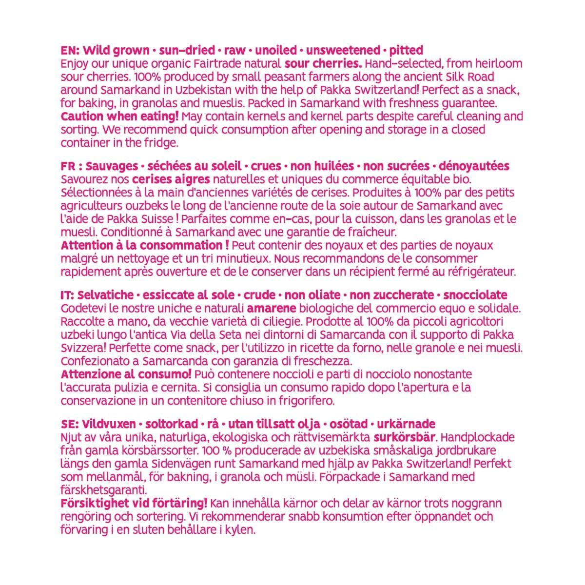 PAKKA - Cerises biologiques séchées au soleil du commerce équitable 750 g, Cerises biologiques récoltées à l'état sauvage, non sucrées, non sucrées provenant directement de petits agriculteurs de Samarkand, Ouzbékistan, végétaliennes, 750 g Naty Shop Produits déshydratés